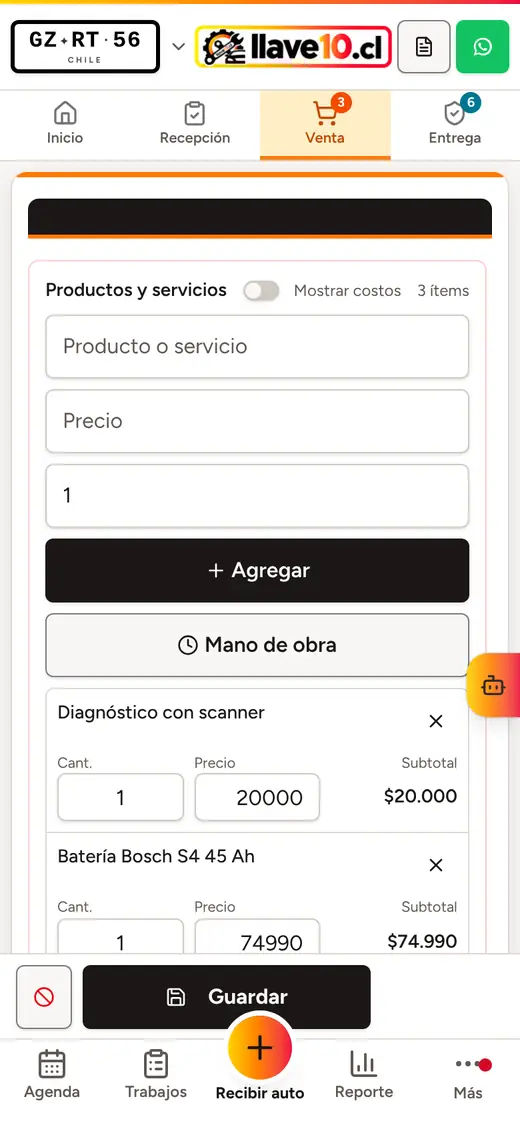 Venta con repuestos, mano de obra y pagos